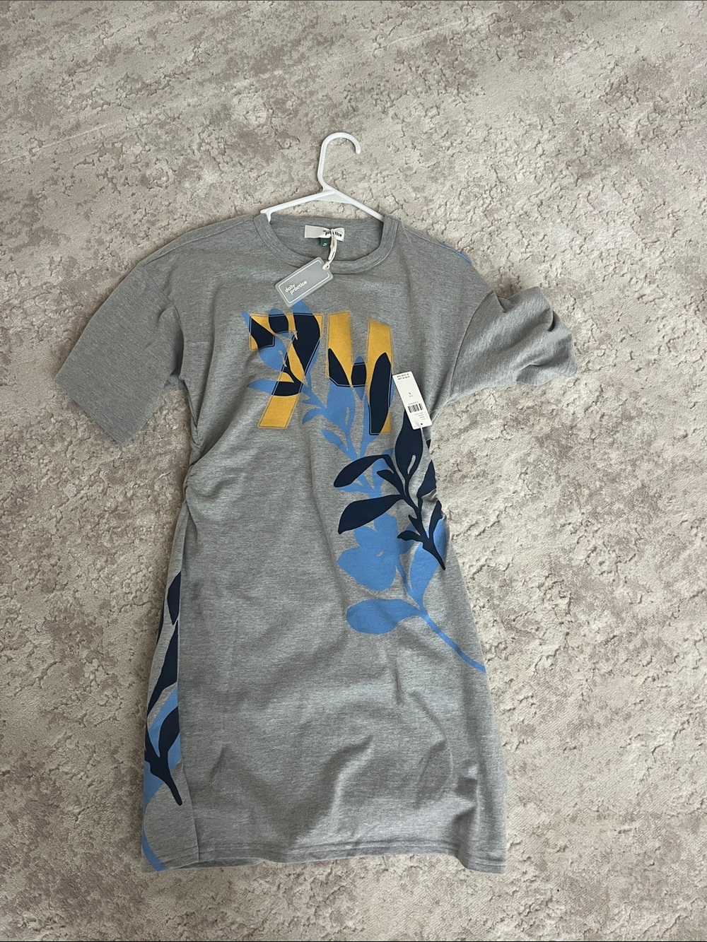Anthropologie Gray Short-Sleeve Tee Dress with Blue & Yellow Graphic